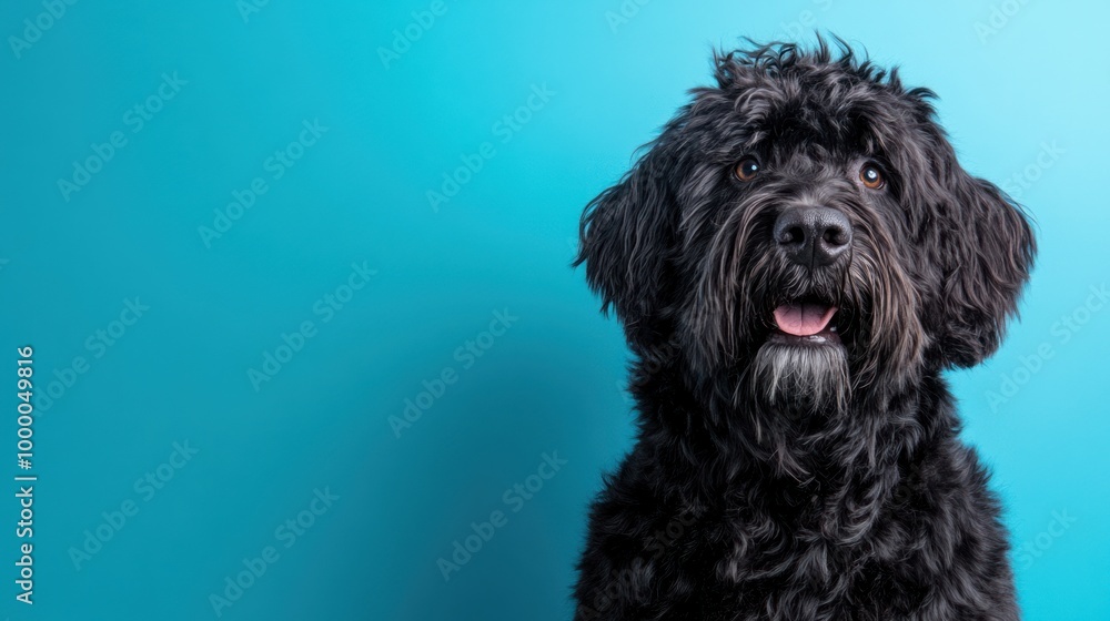A black dog with a curly coat poses against a blue background, showcasing its friendly demeanor. A black dog with a curly coat poses against a blue background, showcasing its friendly demeanor.