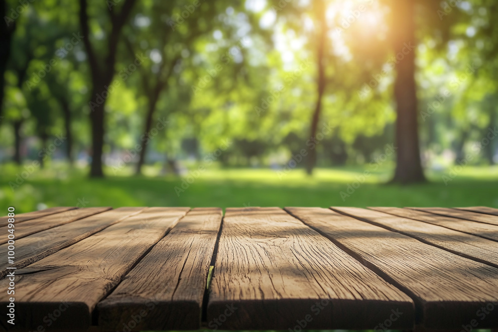Empty wooden table top with a blurred green park background for product display montage, a summer concept. Empty wooden table top with a blurred green park background for product display montage, a summer concept.