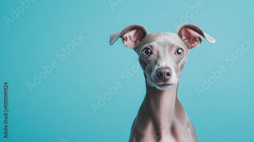 A close-up portrait of a grey dog against a bright blue background.