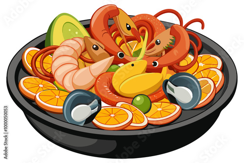 Mediterranean assorted Seafood boil platter, Prawn, Shrimp, Mussels, Clams, Squid rings, Octopus mini roast Mullet on white background
