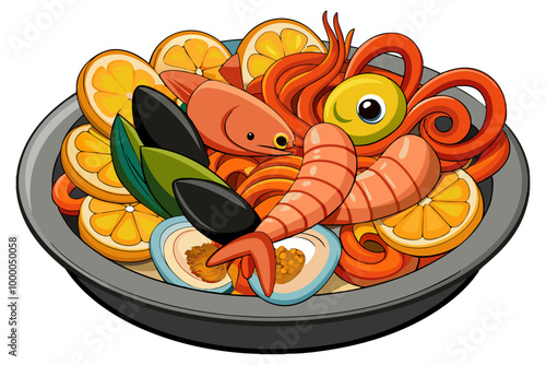 Mediterranean assorted Seafood boil platter, Prawn, Shrimp, Mussels, Clams, Squid rings, Octopus mini roast Mullet on white background