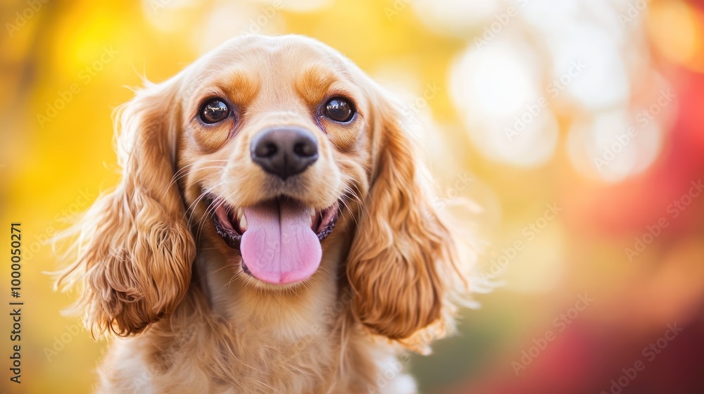 A cheerful dog with a blurred autumn background, showcasing a joyful expression. A cheerful dog with a blurred autumn background, showcasing a joyful expression.