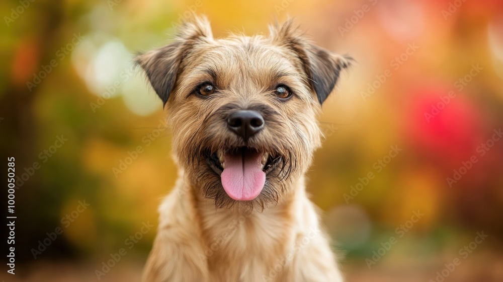 A happy dog with a playful expression against a blurred autumn background.