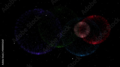 A colourful fireworks animation on black background with floating stars. Ideal for national day celebrations, New Year's Eve, Chinese New Year, Diwali, and more