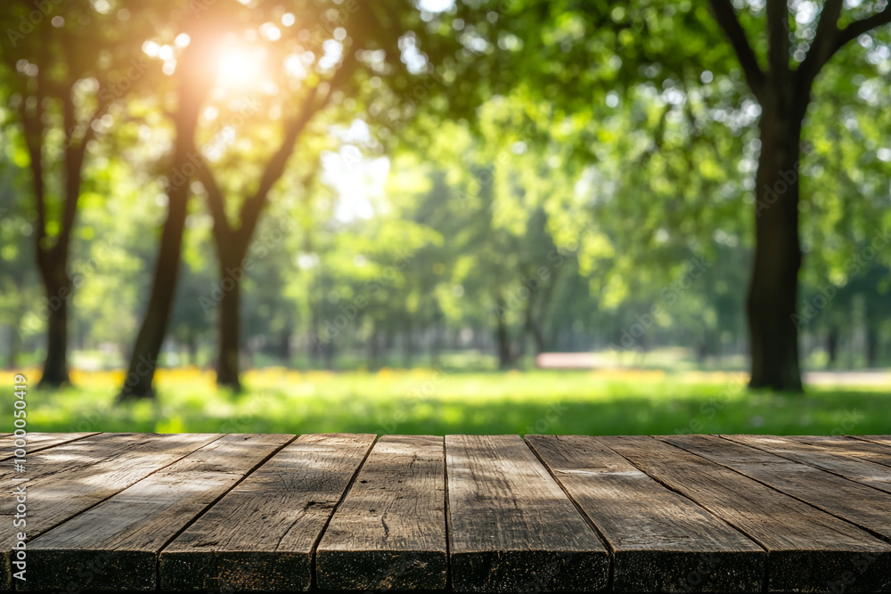 Empty wooden table top with a blurred green park background for product display montage, a summer concept. Empty wooden table top with a blurred green park background for product display montage, a summer concept.