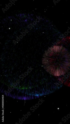 3D vertical animation featuring colorful fireworks bursting against a black background with floating stars. Perfect for sharing on social media during celebrations such as New Year's, National Day...