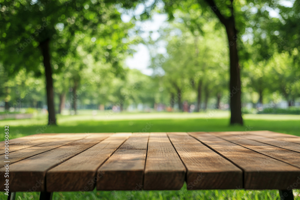 Empty wooden table top with a blurred green park background for product display montage, a summer concept. Empty wooden table top with a blurred green park background for product display montage, a summer concept.
