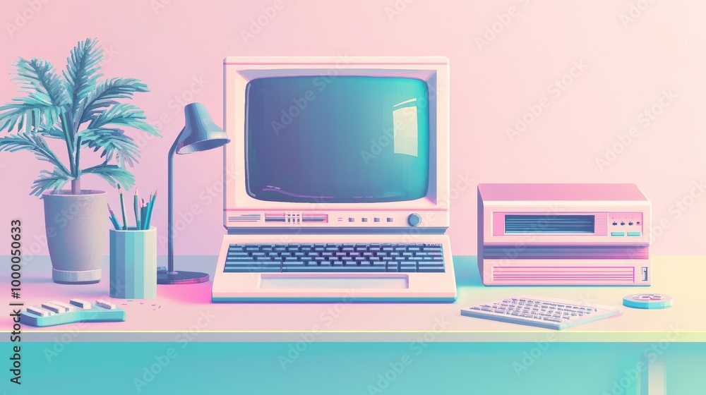 Retro computer setup with pastel tones and a vintage aesthetic on a colorful desk Retro computer setup with pastel tones and a vintage aesthetic on a colorful desk