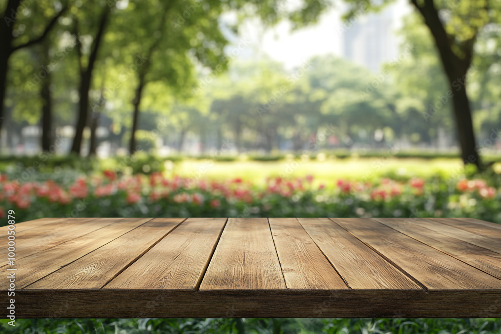 Empty wooden table top with a blurred green park background for product display montage, a summer concept. Empty wooden table top with a blurred green park background for product display montage, a summer concept.