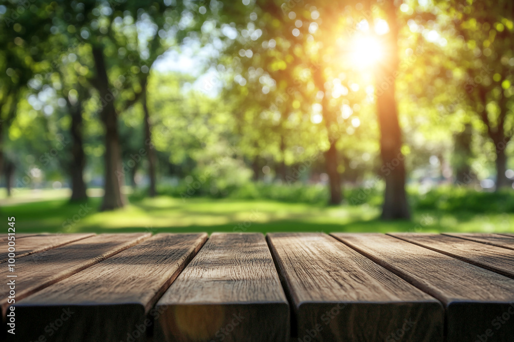 Empty wooden table top with a blurred green park background for product display montage, a summer concept. Empty wooden table top with a blurred green park background for product display montage, a summer concept.