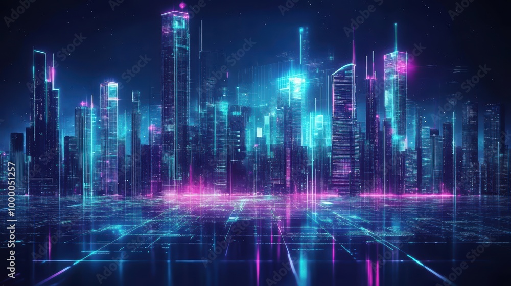 cityscape with space and neon light effect. Modern hi-tech, science, futuristic technology concept. Abstract digital high tech city design for banner background cityscape with space and neon light effect. Modern hi-tech, science, futuristic technology concept. Abstract digital high tech city design for banner background