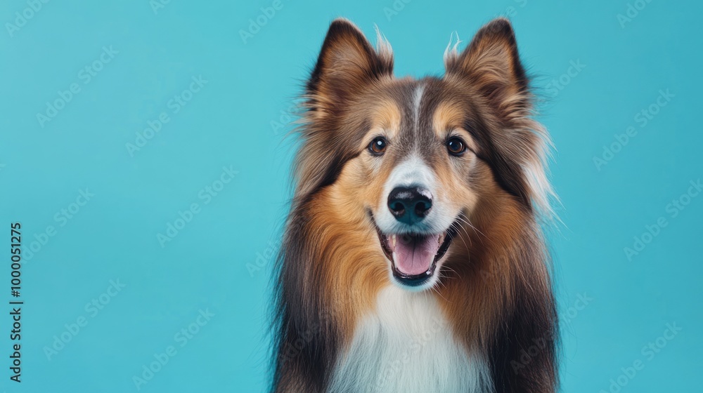 A happy collie dog poses against a bright blue background, showcasing its friendly demeanor. A happy collie dog poses against a bright blue background, showcasing its friendly demeanor.