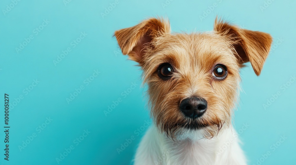 A close-up of a cute dog with a light brown and white coat against a blue background. A close-up of a cute dog with a light brown and white coat against a blue background.