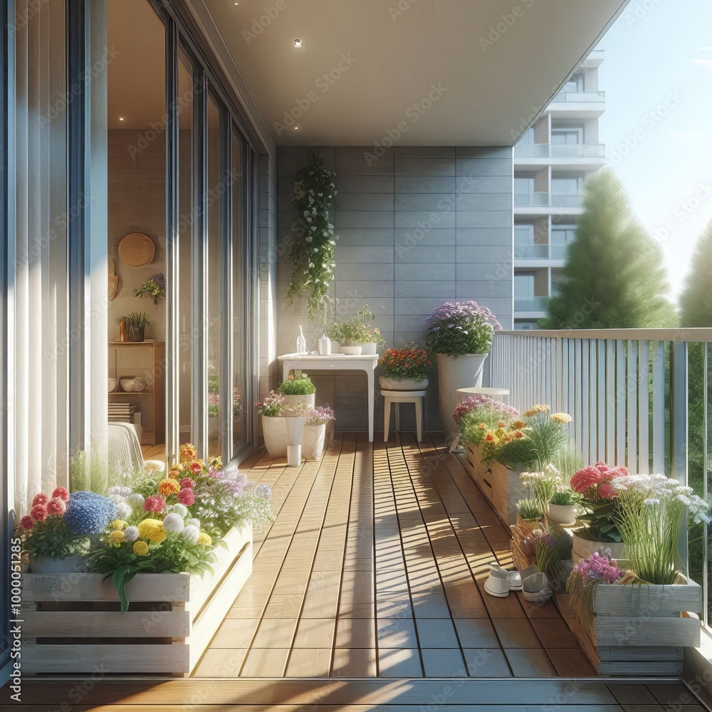 A modern balcony garden adorned with vibrant flowers in wooden planters, offering a serene escape in an urban setting. The warm sunlight and comfortable seating create a perfect space for relaxation A modern balcony garden adorned with vibrant flowers in wooden planters, offering a serene escape in an urban setting. The warm sunlight and comfortable seating create a perfect space for relaxation