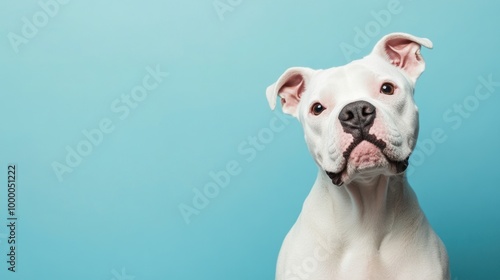 A close-up of a white dog against a light blue background, showcasing its friendly expression.