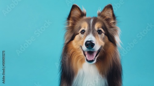 A happy collie dog poses against a bright blue background, showcasing its friendly demeanor.