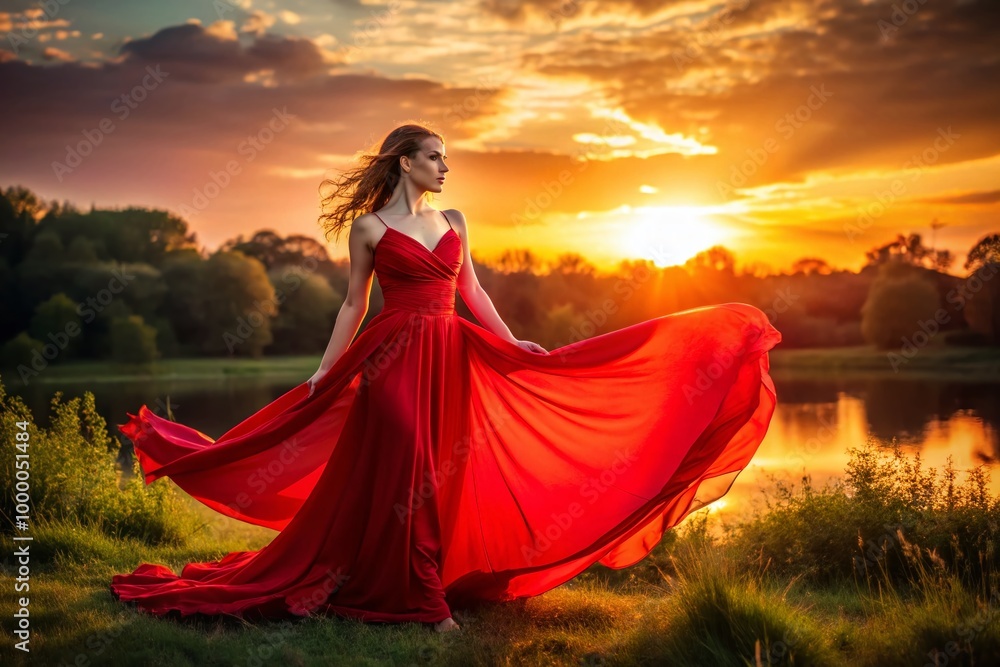 Elegant woman in a flowing red dress poses gracefully in a vibrant outdoor setting during sunset Elegant woman in a flowing red dress poses gracefully in a vibrant outdoor setting during sunset