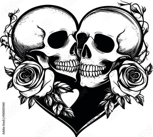 Vintage skull heart illustration featuring skeleton vector designs as a symbol of death; a graphic couple in romantic style perfect for Halloween tattoo art. Skulls within the heart for print.