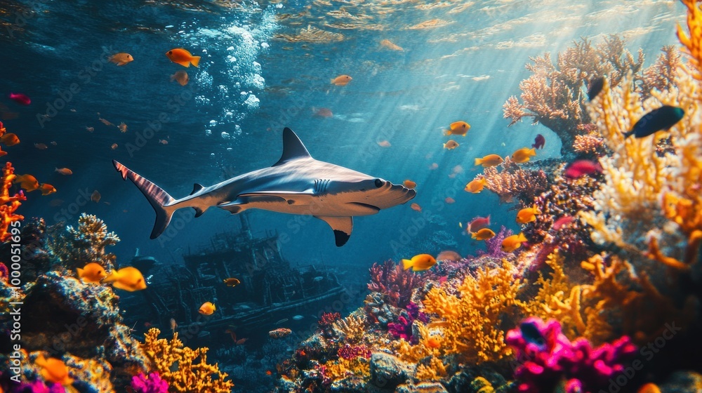 Fototapeta premium A vibrant underwater scene featuring a shark swimming among colorful coral and fish.