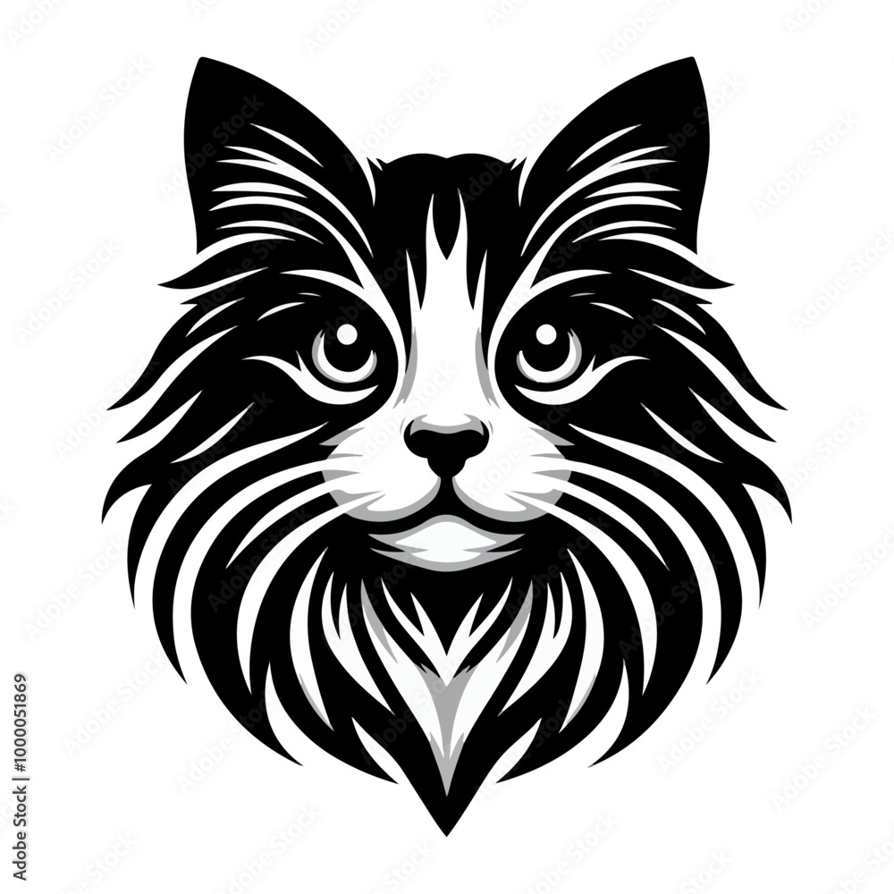 Obraz premium Monochrome Cat Face Elegant Feline Silhouette Minimalist Cat Line Art, Stylized Cat Portrait design.