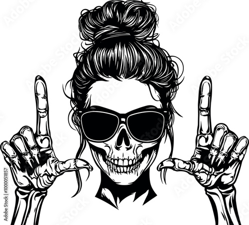 Women with Messy Bun Messy Bun Bandana Clipart mom life Woman’s face. Illustration of a female mom skeleton head. Skull Daughter Head design on a white background.