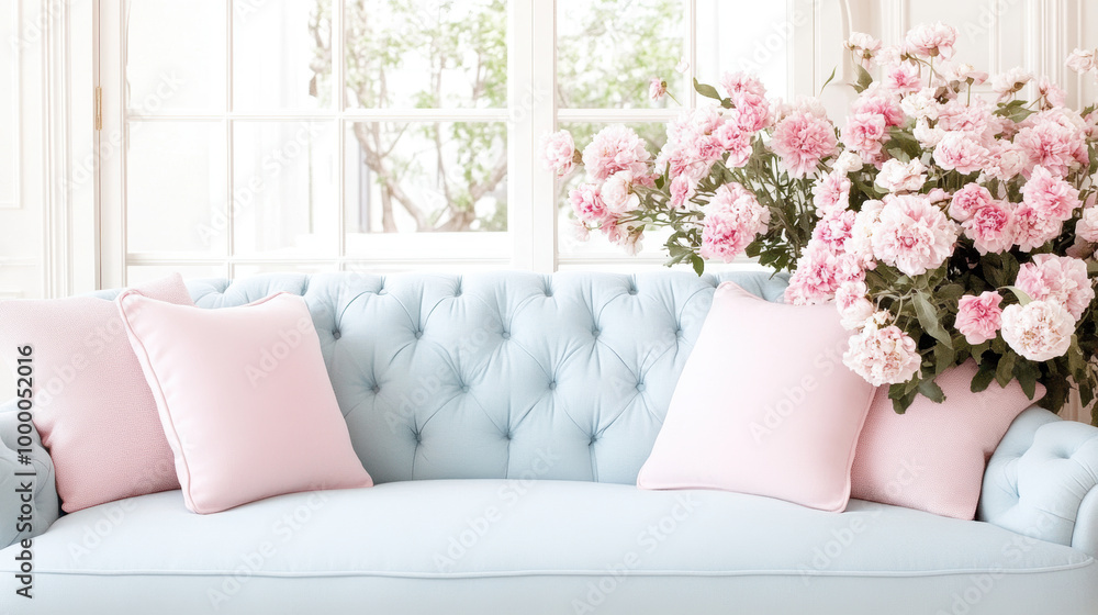 Elegant pastel living room with soft blue sofa and pink flowers near a sunny window Elegant pastel living room with soft blue sofa and pink flowers near a sunny window