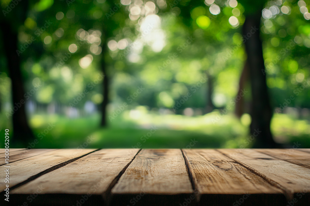 Empty wooden table top with a blurred green park background for product display montage, a summer concept. Empty wooden table top with a blurred green park background for product display montage, a summer concept.