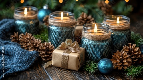 A festive arrangement of blue glass candle holders, adorned with twine, surround a wrapped gift, creating a scene of warmth and anticipation for the holidays.