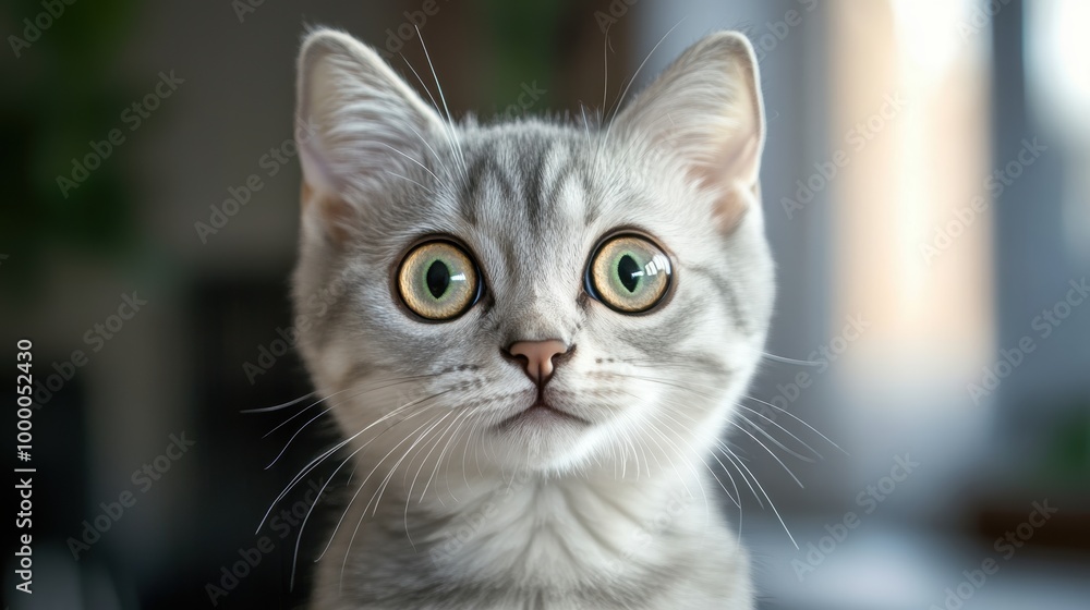 surprised cat make big eyes. American shorthair surprised cat or kitten funny face big eyes, cute, domestic, kitten, feline, Emotional surprised, kitty, wow.