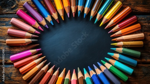 A colorful array of pencils arranged in a circle on a textured wooden surface, creating a vibrant frame around a dark grey backdrop. photo