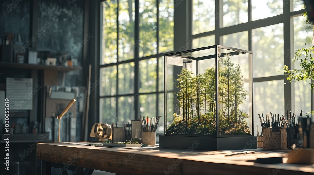 A minimalist art studio, the glass box with the forest placed on a wooden workbench, surrounded by clean lines and neutral tones A minimalist art studio, the glass box with the forest placed on a wooden workbench, surrounded by clean lines and neutral tones