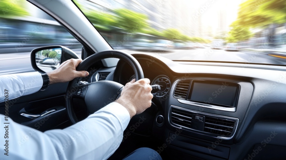 A driver grips the steering wheel while navigating a bustling city road on a sunny day, surrounded by vibrant greenery and modern architecture A driver grips the steering wheel while navigating a bustling city road on a sunny day, surrounded by vibrant greenery and modern architecture