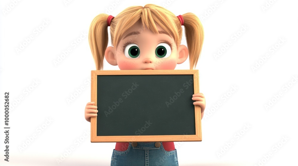 A cartoon girl with pigtails holds a blank chalkboard, looking surprised or curious. A cartoon girl with pigtails holds a blank chalkboard, looking surprised or curious.
