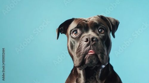 A close-up portrait of a dog with a curious expression against a blue background.