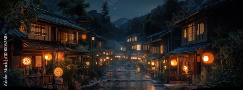 A serene night scene of traditional Japanese houses by a river, illuminated by lanterns.
