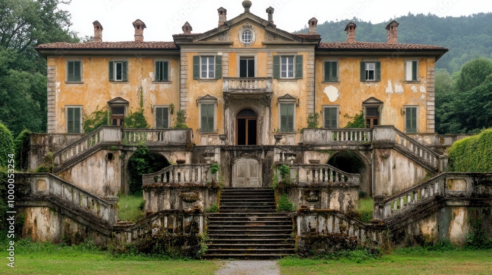 An old villa, featuring a faded yellow exterior, stands in a quiet countryside, overtaken by nature. Its grand staircase leads to weatherworn windows and lush greenery An old villa, featuring a faded yellow exterior, stands in a quiet countryside, overtaken by nature. Its grand staircase leads to weatherworn windows and lush greenery