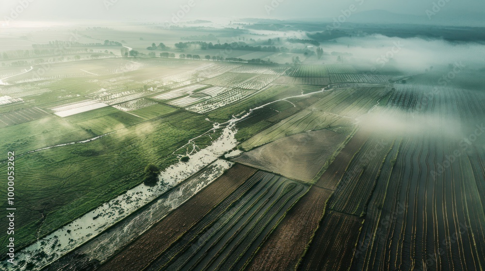 Fototapeta premium Aerial View of Foggy Fields