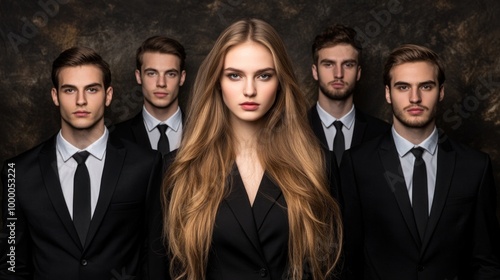 Five stylized individuals, dressed in sleek black suits, pose together with a striking blonde woman at the forefront, creating a powerful visual impact in a dramatic setting