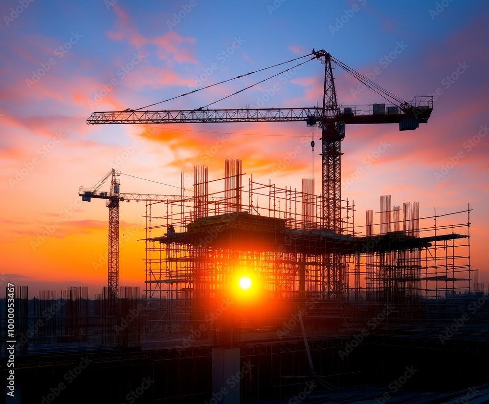 Silhouette of a construction site with cranes at sunset, showcasing progress and development against a vibrant sky. Silhouette of a construction site with cranes at sunset, showcasing progress and development against a vibrant sky.