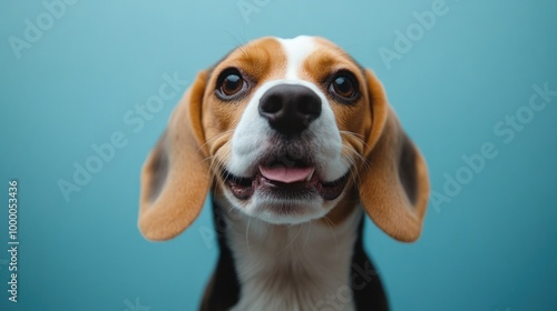 A close-up of a smiling beagle dog against a blue background.