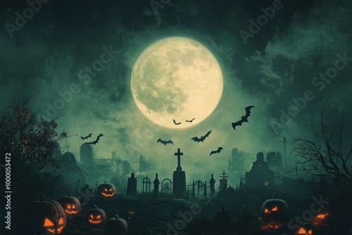 Haunted background with illustrations of pumpkins, a cemetery and bats in the middle of a full moon. Premium illustration for banners, posters, greetings and Halloween celebrations - generative ai