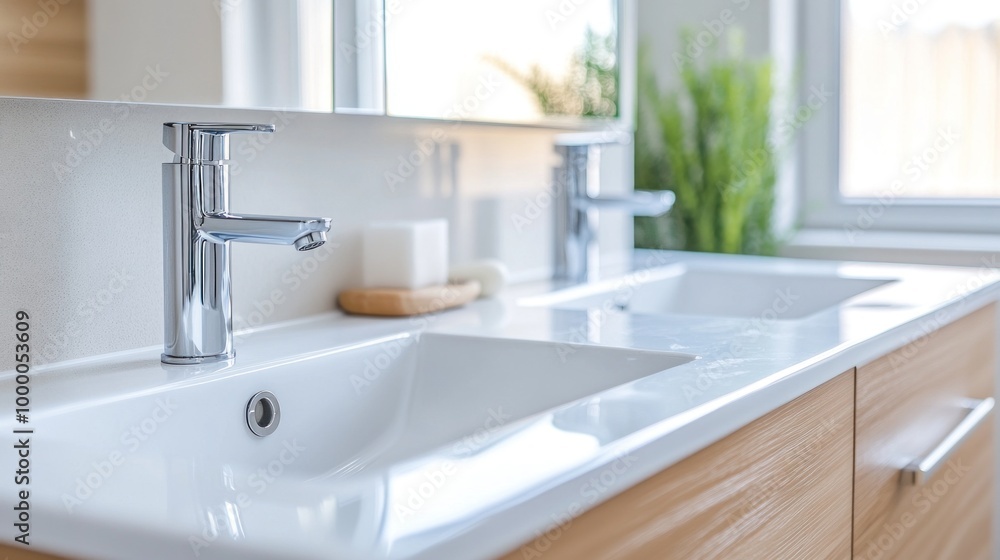 Fototapeta premium A clean and contemporary bathroom features two sleek sinks with chrome faucets, illuminated by natural light streaming through a window, enhancing the spacious feel