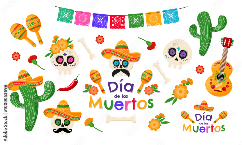 Dia de Los Muertos - Mexican Day of the Dead. Traditional colorful objects set. Vector illustration Dia de Los Muertos - Mexican Day of the Dead. Traditional colorful objects set. Vector illustration