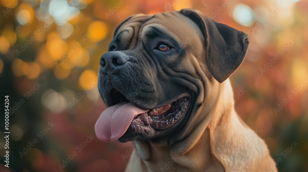 A close-up of a dog with a joyful expression against a colorful autumn background. A close-up of a dog with a joyful expression against a colorful autumn background.