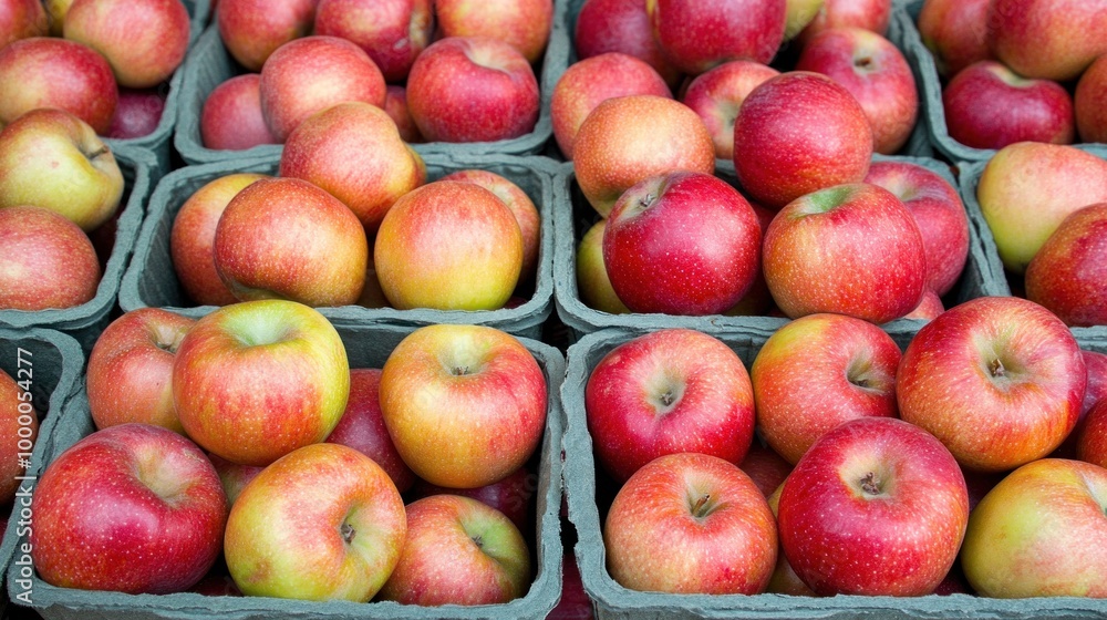 Bright red and yellow apples are neatly arranged in green containers, showcasing the bountiful harvest at a bustling local market during autumn Bright red and yellow apples are neatly arranged in green containers, showcasing the bountiful harvest at a bustling local market during autumn