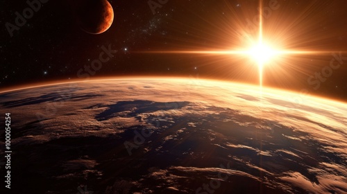 A captivating view from space showcases EarthвЂ™s horizon illuminated by the sun, with a neighboring planet visible in the distance during dawn's early light