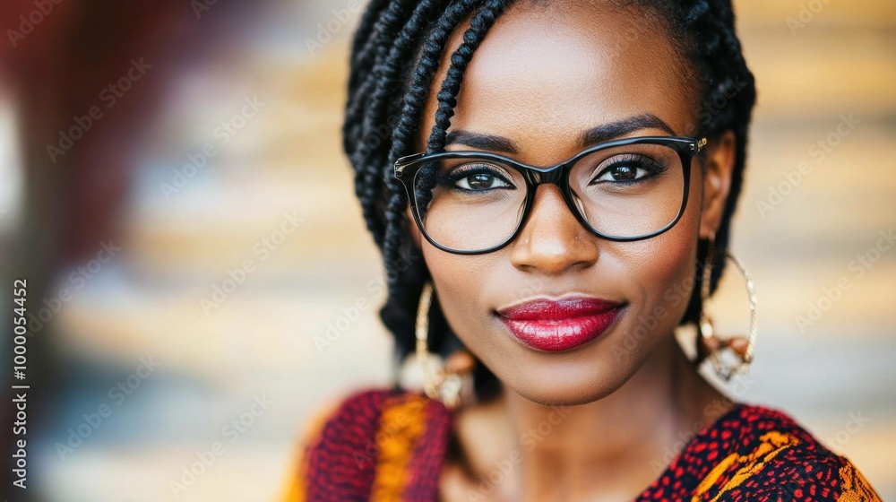 A woman with striking braided hair and glasses stands confidently outdoors. She wears a colorful patterned dress and displays a warm smile, creating a positive atmosphere in natural light