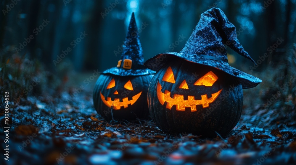 Naklejka premium Glowing Jack-o'-Lanterns with Witch Hats in a Spooky Halloween Forest