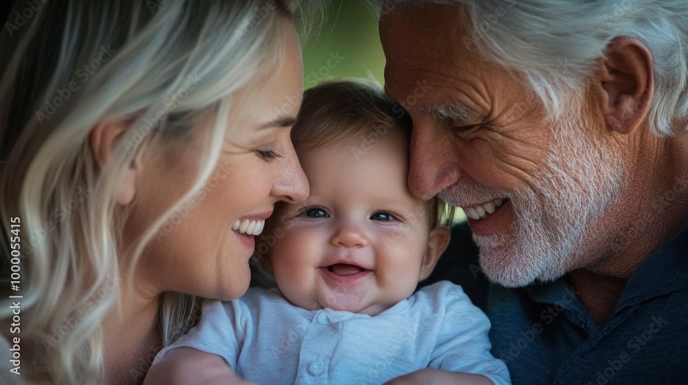 A grandmother and grandfather lean in closely with warm smiles, cradling a happy baby in the middle, creating a heartwarming moment in a sunlit outdoor setting A grandmother and grandfather lean in closely with warm smiles, cradling a happy baby in the middle, creating a heartwarming moment in a sunlit outdoor setting