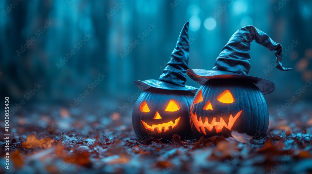 Naklejka premium Glowing Jack-o'-Lanterns with Witch Hats in a Spooky Halloween Forest